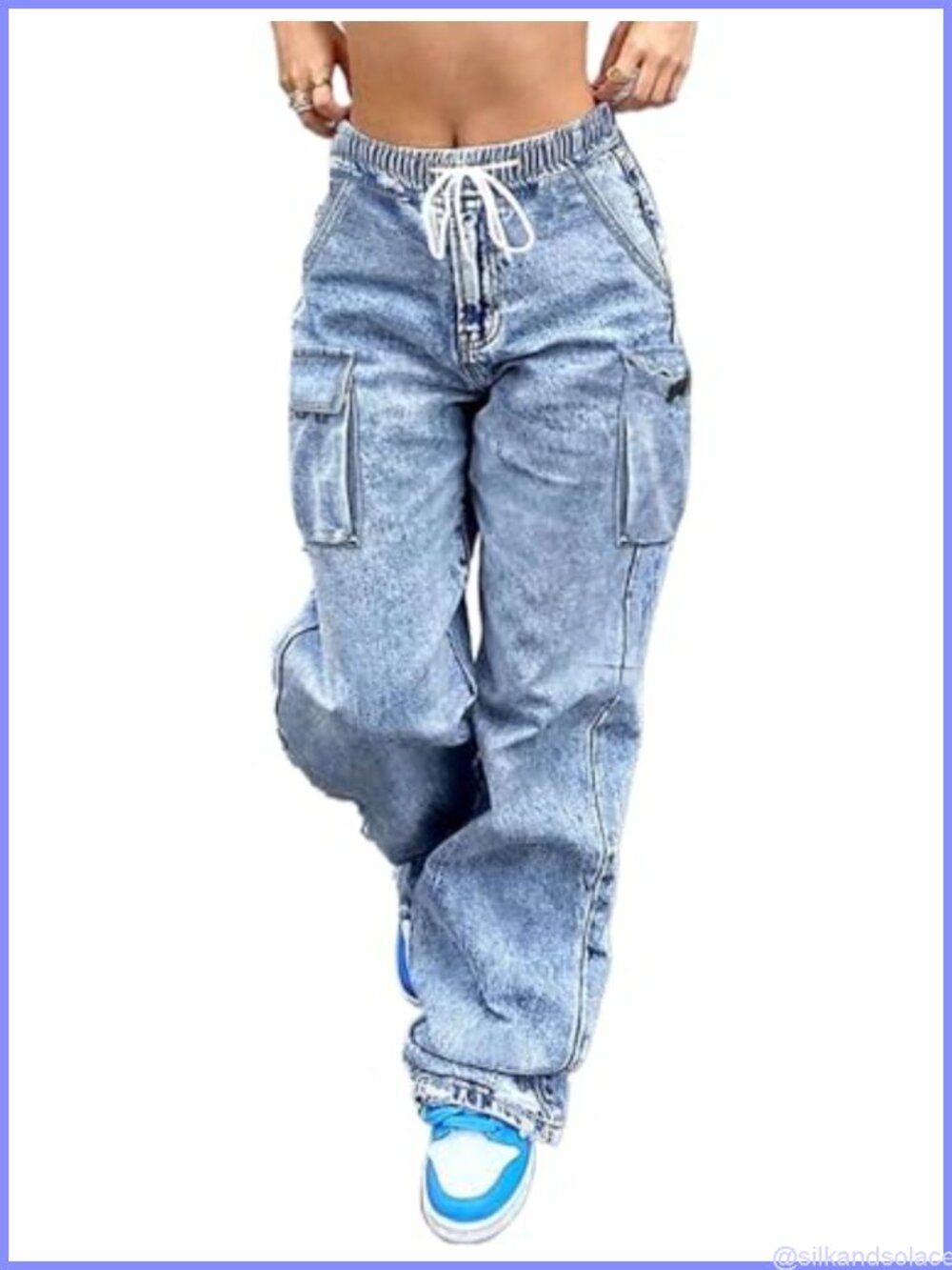 Cargo Jeans Women Wide Leg Mid Rise Elastic Waist Drawstring Pants Baggy Y2K